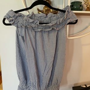 Ces Femme Women's Small S Blue Striped Sleeveless Ruffle Trim Shirt